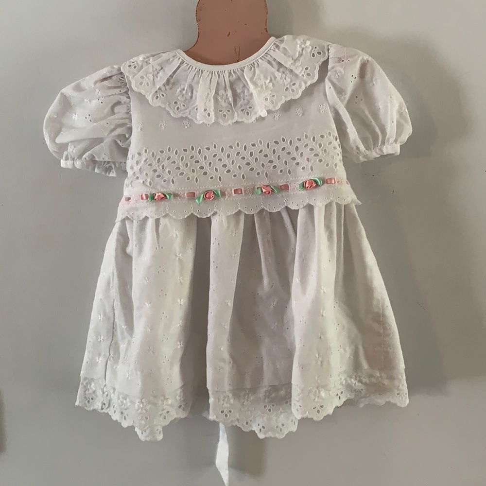 Last chance! Vintage Maty white eyelet dress pink satin ribbon roses Size 24 mth